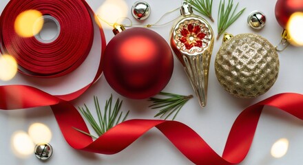 “Red Christmas ornaments with pine leaves, elegant holiday setup, shiny baubles, bright festive composition, clean winter background for seasonal celebration