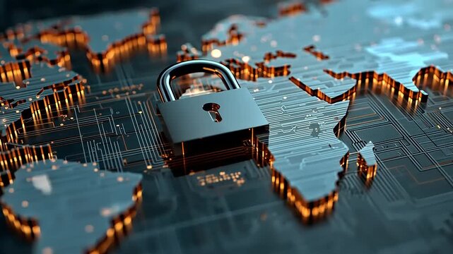Global cybersecurity concept with a padlock over a digital world map and circuit patterns in the background