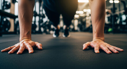 Close up of a person s hands and arms performing a push up exercise in a gym
