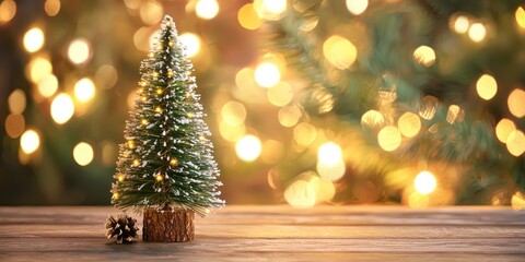 A small, decorated Christmas tree with lights on a wooden table with a blurred background of fairy lights.