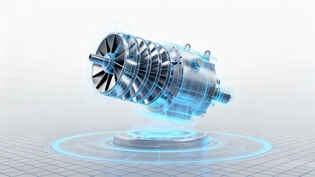 Blue light contour line of futuristic technology magnetic levitation 7-stage turbine molecular pump impeller part structure perspective view.