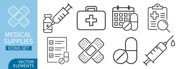 Medical supplies icon set with syringe, vial, pills, bandage, first aid kit and checklist elements on transparent background