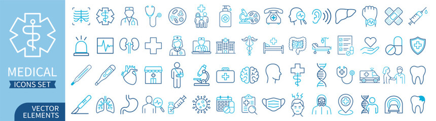 Large medical icon set with doctors, organs, equipment, hospital symbols, pills, syringe and emergency elements on transparent background