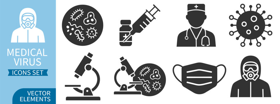 Medical virus silhouette icon set with microbes, syringe, vaccine vial, microscope, mask and protective suit on transparent background