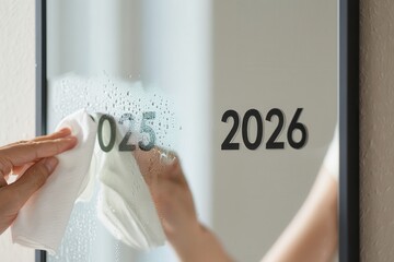 Hand wiping 2025 from foggy mirror to reveal 2026, symbolizing a fresh start, new year, and future prospects.