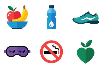 Wellbeing lifestyle set, fruit salad bowl, hydration bottle, athletic shoe, sleep mask, stop smoking badge, green leaf symbol