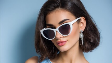 Naklejka premium In the studio, a woman poses gracefully in profile, exuding confidence. Her sleek hair frames her face as she sports fashionable sunglasses and sparkling earrings, set against a soft blue backdrop
