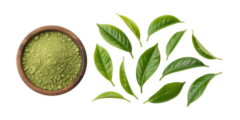 Green tea powder in wooden bowl and leaves isolated on a transparent background