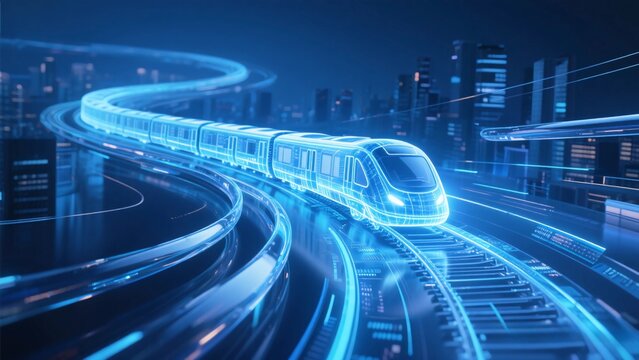 Blue light effect abstract main visual, a high-speed train from the curve from the top left corner to the bottom right corner
