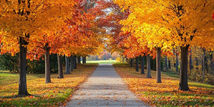 A picturesque autumnal path lined with trees in full fall colors, leading towards a grassy field with a clear blue sky in the background.