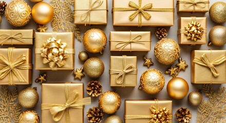 “Luxury golden Christmas gifts, shiny ornaments, festive wrapping paper, elegant holiday composition, warm lights, winter celebration flatlay, premium seasonal decor.”
