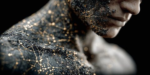 Conceptual art showing the intricate connection between the human form and a cosmic network, with glowing golden lines on dark, textured, earthy skin