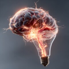 Brightly illuminated human brain linking to a radiant light bulb