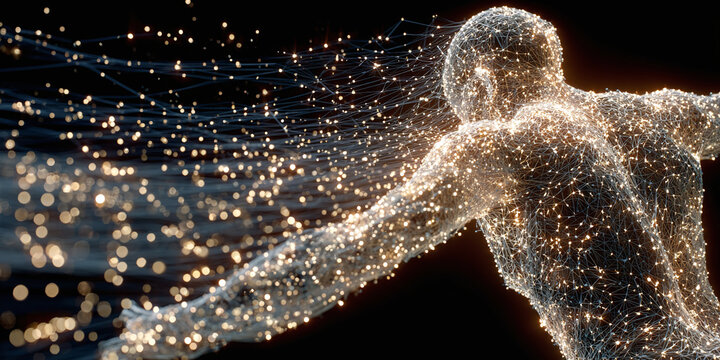Abstract digital human form emerging from a network of glowing particles against a dark background