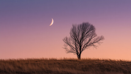 Fototapeta premium 月と枯れ木が静けさをつくる丘の景色
