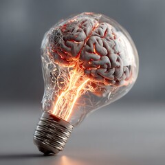 Creative concept showing a luminous human brain connected to a glowing light bulb