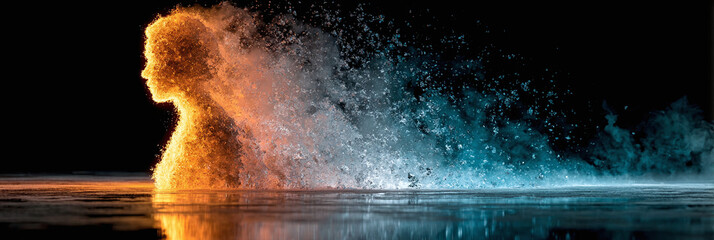 Abstract concept of a human silhouette dissolving into hot and cold particles, representing transformation and duality