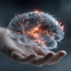 Futuristic digital brain hovering above a human hand
