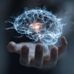 Futuristic digital brain hovering above a human hand