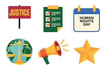 Human rights campaign set, justice signboard, checklist approval, calendar reminder, globe scales, megaphone outreach, golden star symbol