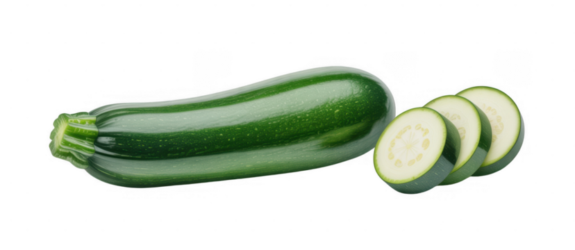 Green zucchini with slices isolated on a transparent background