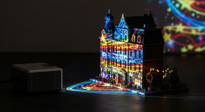 Miniature building model with projected light patterns. Small projector and Christmas decoration beside the model. Christmas building facade projection mapping, colorful festive lights