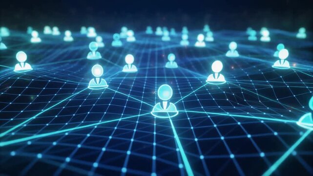 Digital network of glowing user icons connected by lines Keywords: network, connection, technology, communication, data, digital, abstract, glowing, blue, light, grid, people, icons, users, social