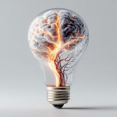 Human brain emitting glowing neural currents that flow into a shining light bulb