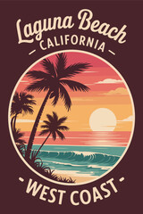 Naklejka premium beach laguna california poster showcasing ocean waves, palm trees, and west coast atmosphere, retro vector illustration perfect for decorative travel wall art.