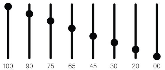 Volume control icon set, percentage 100, 90, 75, 65, 45, 30, 20, 00 . Volume Setting Icon Vector Symbol Design. scroll bar slider, UI design button interface. Vector illustration.