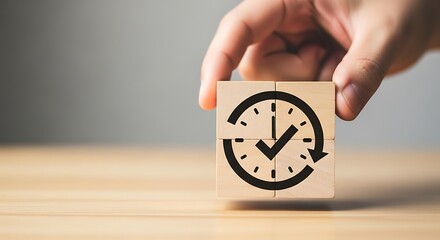 Hand holding a wooden block with a clock icon symbolizing time management and efficiency