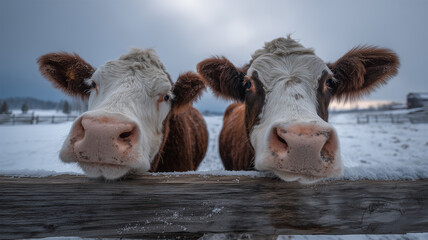 冬の牧場で二頭の牛が柵越しにこちらを覗く様子