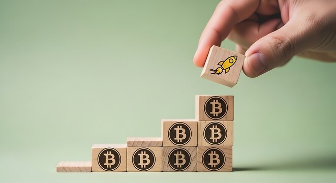Hand stacking wooden blocks with bitcoin symbol and rocket, symbolizing cryptocurrency growth and investment success