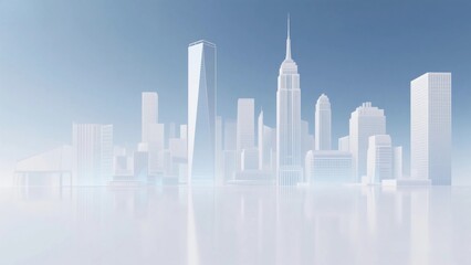 Soft blue and white gradient minimalist composition poster background, a collection of white architectural landmarks in New York, high-end aesthetics.