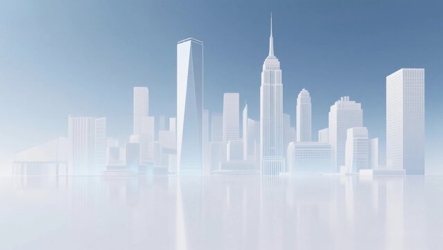 Soft blue and white gradient minimalist composition poster background, a collection of white architectural landmarks in New York, high-end aesthetics.