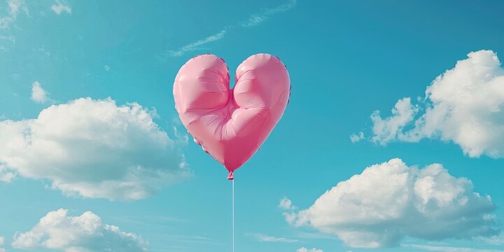 A pink heart-shaped balloon floating in the sky with fluffy white clouds. - Powered by Adobe