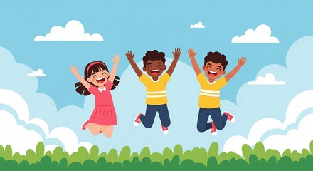 Joyful Diverse Children Jumping with Happiness Outdoors on a Sunny Day