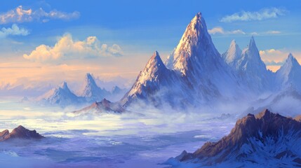 Snowy mountain range, vibrant sky, soft clouds