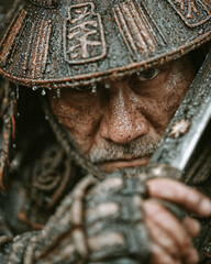 Obraz premium Close-up portrait of a weathered samurai warrior in traditional armor, face etched with determination, holding a katana ready for battle