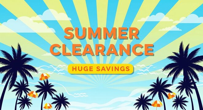 Summer Clearance Huge Savings Tropical Beach with Palm Trees and Sun Rays - Powered by Adobe