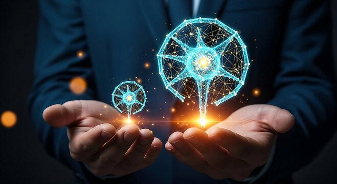 Businessman holding glowing digital brain neurons, representing artificial intelligence and advanced technology.