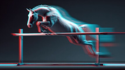 Horse jumping over hurdle, motion blur, dual tone