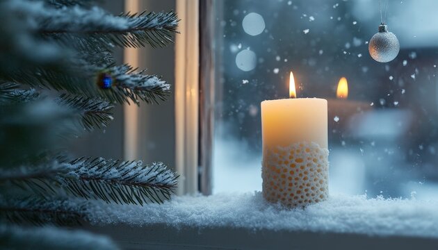 Glowing illumination emanates from a lit candle resting on a snow covered windowsill beside evergreen foliage during wintry weather