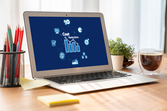Cost reduction, cost saving concept shown on computer screen brisk, corporate business efficiently save cost and company resources by reduction of unnecessary expenses