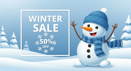 Winter Sale 50% Off with Cute Snowman and Snowy Trees Background