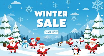 Winter Sale Banner with Santa Claus, Snowman, Penguins and Snowy Landscape