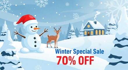 Winter Sale Banner with Snowman, Deer and House - 70% Off Discount Offer