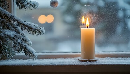 Illuminated pillar candle rests upon a snow covered window ledge beside frosted evergreen branches