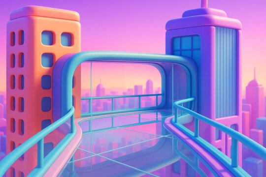 Futuristic architecture with colorful buildings and skybridge in surreal pastel cityscape concept with glowing light and soft background. Ai generative