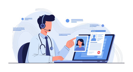 Illustrative telemedicine doctor providing online consultation from a laptop and headset
